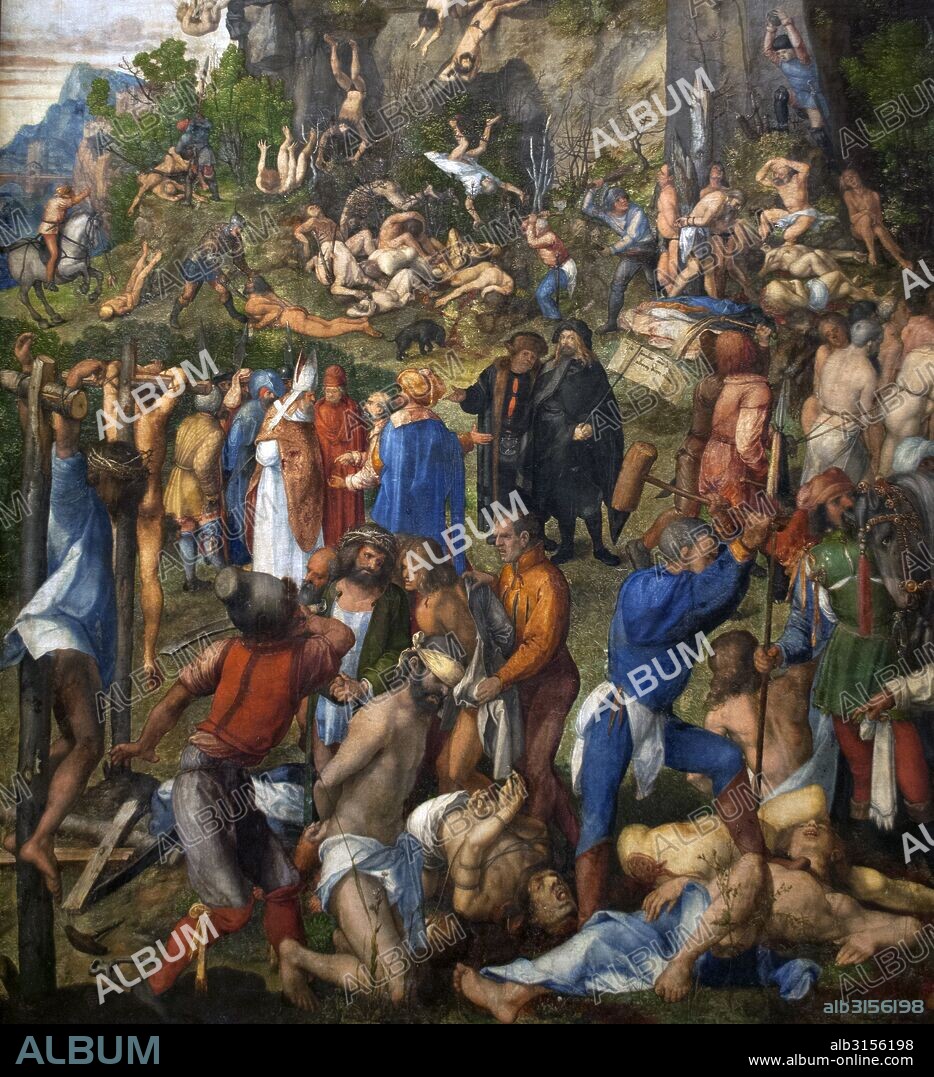 ARTE RENACIMIENTO. ALEMANIA. Alberto Durero (1471-1528). Pintor del Renacimiento alemán. "El martirio de los diez mil cristianos", 1508. Oleo sobre lienzo. 99 x 87 cm. Museo de Historia del Arte (Kunsthistorisches Museum). Viena. Austria.