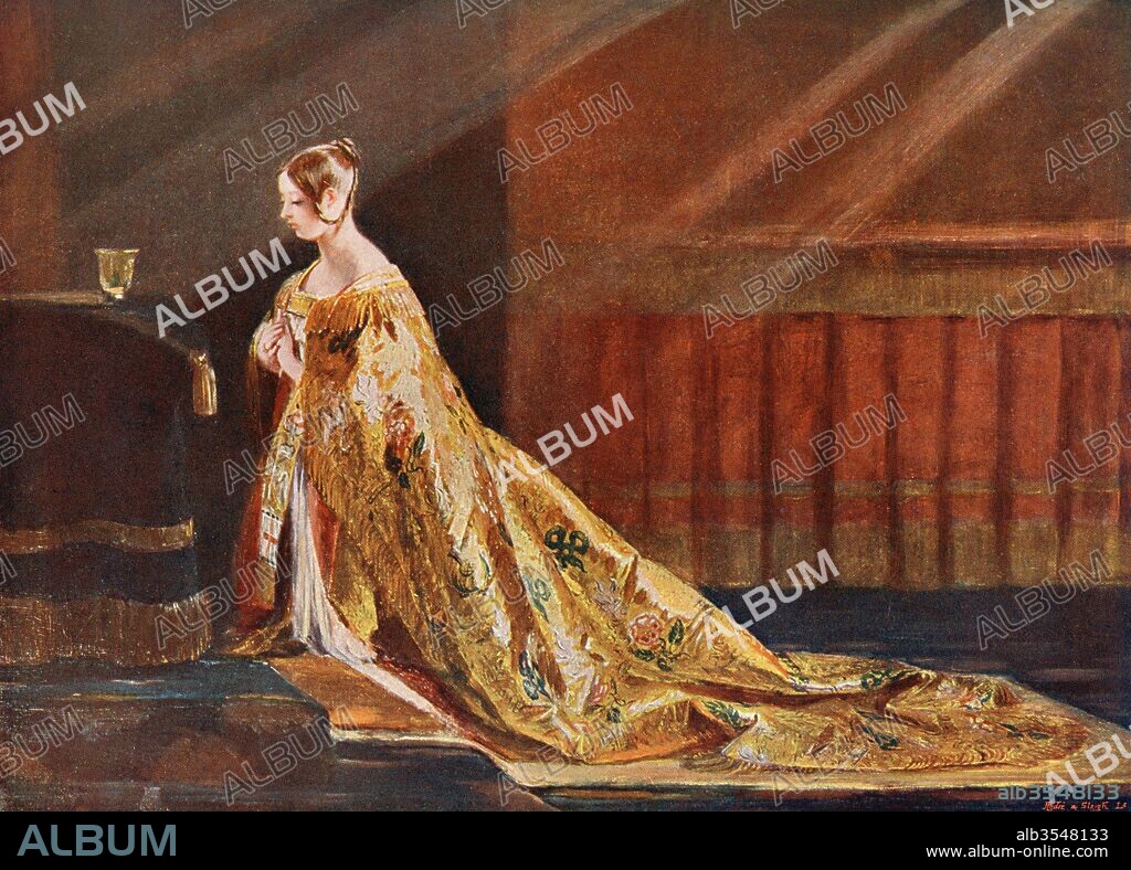 Queen Victoria in Her Coronation Robes, after the painting by Charles Robert Leslie. Victoria, 1819 – 1901. Queen of the United Kingdom of Great Britain and Ireland. From The Century Edition of Cassell's History of England, published c. 1900.