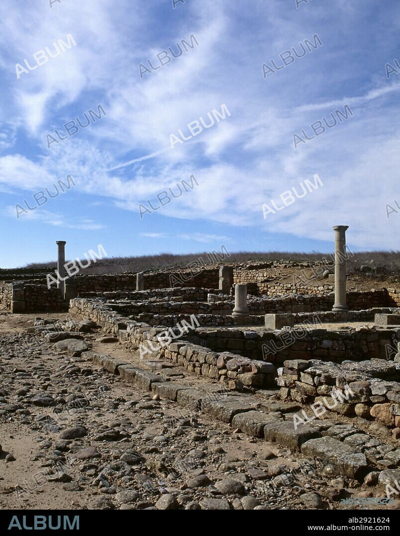 Spain. Numantia. Ancient Celtiberian town conquested by the Romans in 133 BC, during the Celtiberian Wars. It was abandoned in the 4th century AD. Panoramic of the ruins of houses with arcaded courtyards. Garray, province of Soria, Castile and Leon.