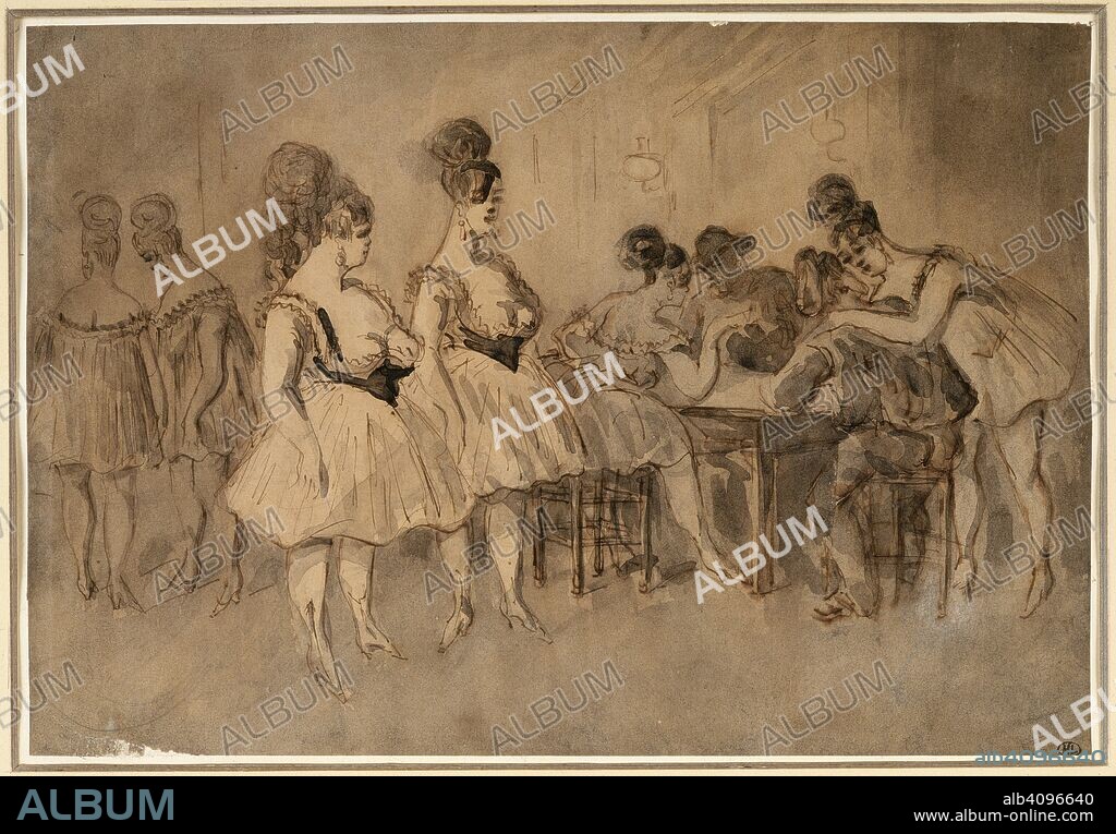 CONSTANTIN GUYS. Men with scantily dressed women sitting at the table.