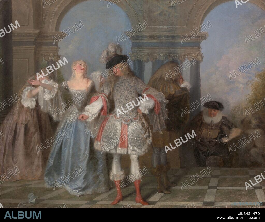 The French Comedians, ca. 1720, Oil on canvas, 22 1/2 x 28 3/4 in. (57.2 x 73 cm), Paintings, Antoine Watteau (French, Valenciennes 1684–1721 Nogent-sur-Marne), In 1731, the painting was engraved with the title French Comedians, playing a tragi-comedy. The principal male figure wears a formal costume: a hat with plumes, a wig, and a fringed, skirted silver garment lavishly embroidered with palmettes.
