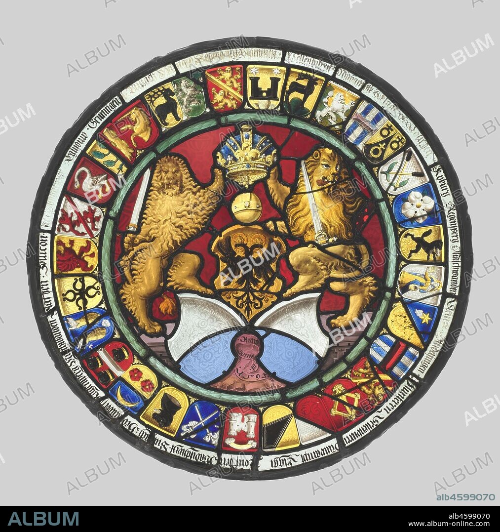 Heraldic Roundel with Arms of the Canton of Zürich, 1593. The large shield at center incorporating the double eagle (insignia of the Holy Roman Empire) is surrounded by thirty small shields-those of the wards of the city of Zurich. In the late 1400s, it was customary for neighboring Swiss towns and cantons to exchange panels of stained glass to promote closer political relationships.