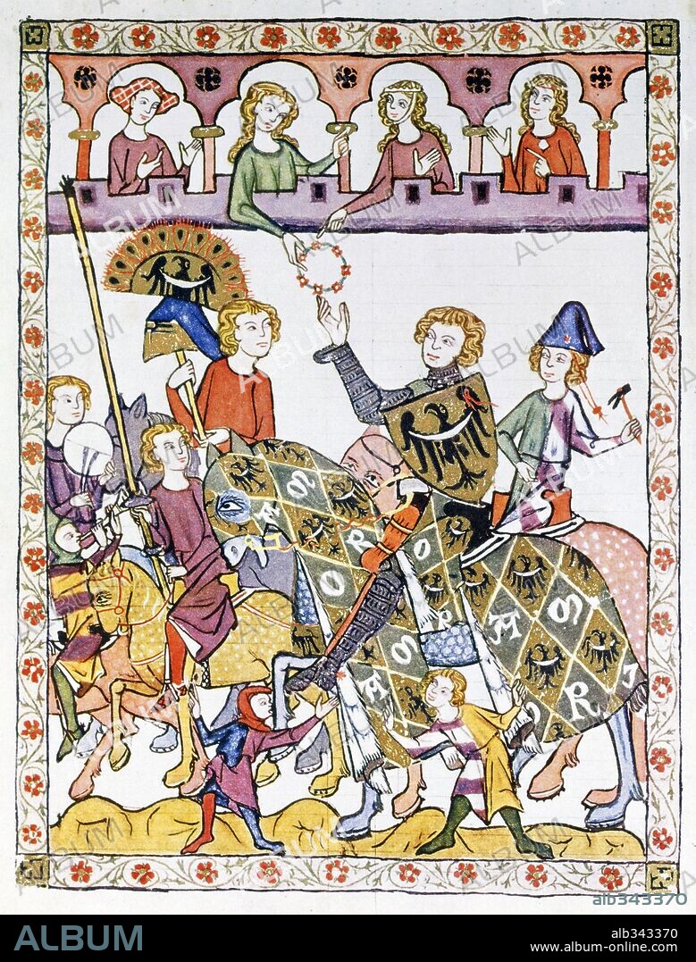 Manesse Codex (1305-40) German manuscript. Prince Henry of Breslau victor of tournament receives garland.