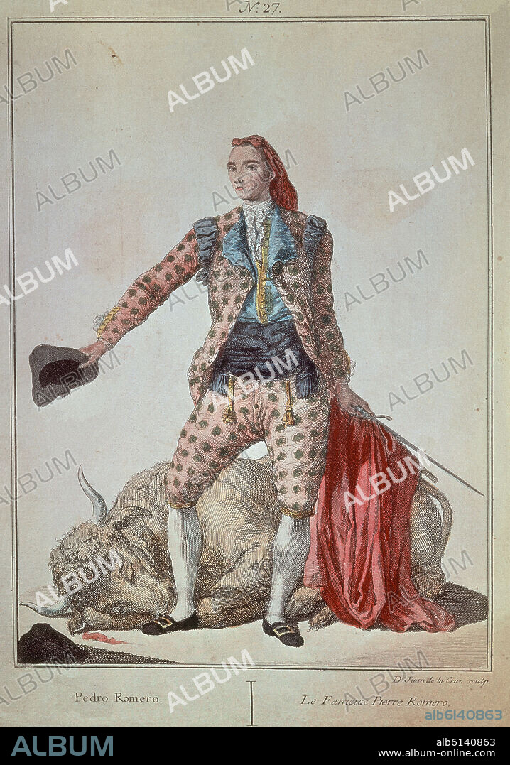 JUAN DE LA CRUZ CANO Y OLMEDILLA. COLECCION DE TRAJES DE ESPAÑA-1777-EL TORERO PEDRO ROMERO (1754/1839) - GRABADO ESPAÑOL S XVIII.