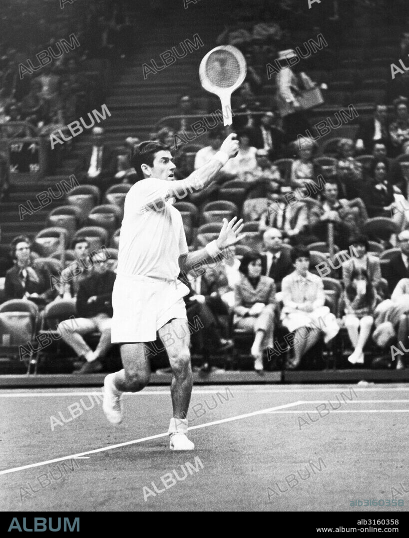 San Francisco, California: February 26, 1969 Ken Rosewall returning a volley during a tennis match.