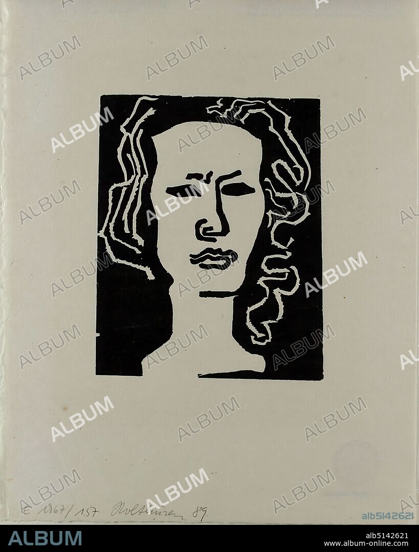 Gustav Heinrich Wolff, female head, Japan paper, woodcut, woodblock on Japan paper, image size: height: 18,1 cm; width: 14,6 cm, estate stamp GUSTAV H. WOLFF NACHLASS on verso, printmaking,printing, Free Graphic (printmaking,printing), Portrait, Head, Face, Woman, Classic Modernism, Woman's Head (1930), Holthusen Graphic No. 89. This woodblock print is a later print from the woodblocks that Max Sauerlandt rescued from Wolff's Berlin studio in 1933.