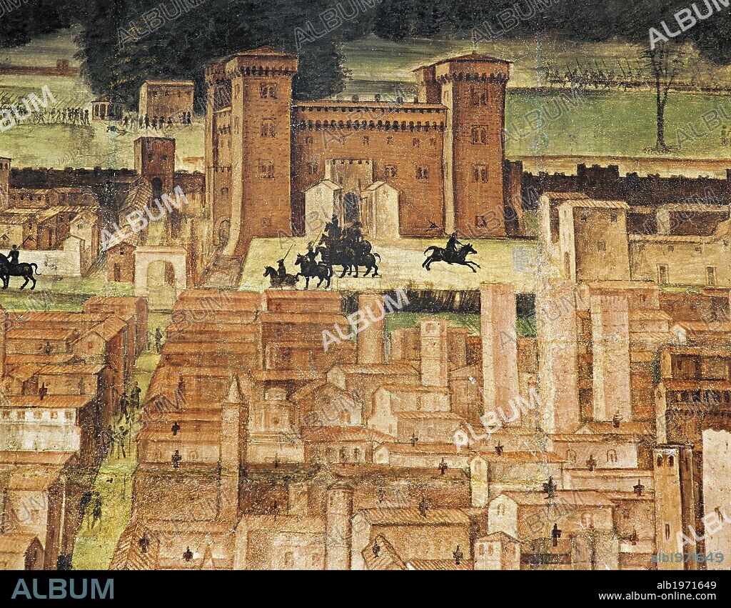 Detail of the panorama of Pavia, Stories of St Theodore cycle, frescoes created in the 16th century by Bernardino Lanzani (1460-1530 ca), St Theodore Church, Pavia. Italy, 16th century.