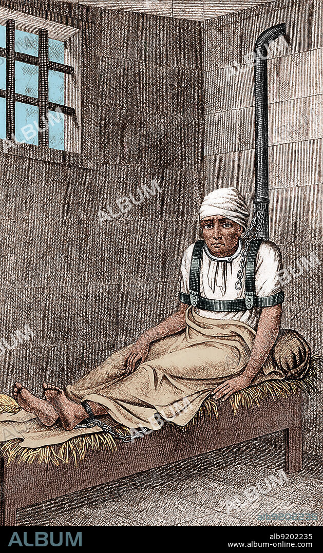 The American seaman James (called William) Norris, inhumanely chained in the insane asylum of Bedlam Hospital for 12 years. Interest in his case generated enthusiasm for asylum reform. Engraving by Etienne Esquirol, 1838, after a drawing from the life by G. Arnald 1814. Colorized.