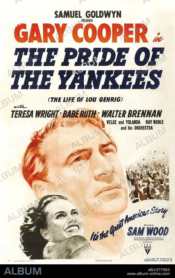 Affiche de THE PRIDE OF THE YANKEES, 1942, réalisé par SAM WOOD. Copyright GOLDWYN/RKO.