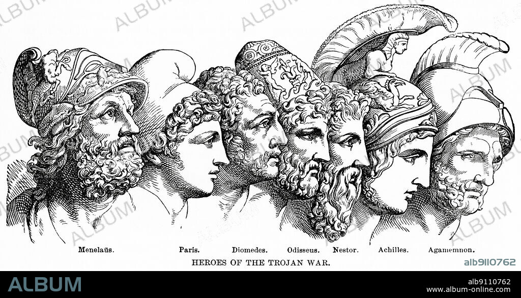 Heroes of Trojan War, Menelaus, Paris, Diomedes, Odysseus, Nestor, Achilles, Agamemnon, Illustration, Ridpath's History of the World, Volume I, by John Clark Ridpath, LL. D., Merrill & Baker Publishers, New York, 1894.