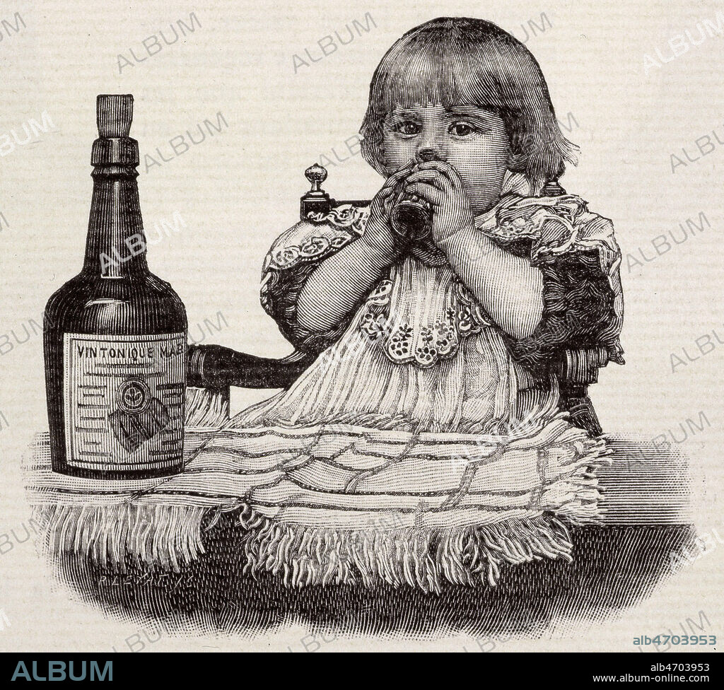 Enfant buvant du vin tonique Mariani. Gravure in. Figures contemporaines Mariani. Credit : Collection KHARBINE-TAPABOR.