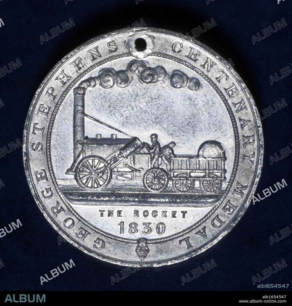George Stephenson  (1781-1848) English railway engineer. His locomotive Rocket from reverse of medal struck to commemorate centenary of Stephenson's birth.