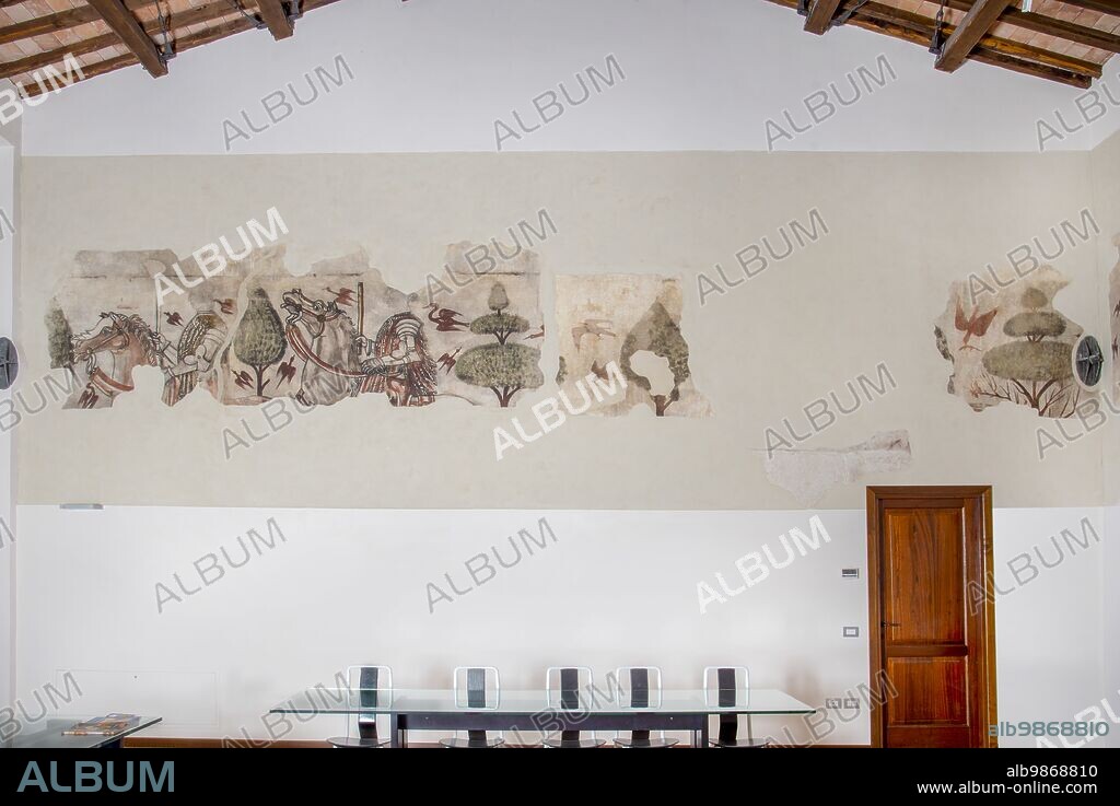 Esanatoglia (Italy, Marche - province of Macerata), Town Hall (ancient palace of the Dukes of Camerino, the Da Varanos). Council chamber, cycle of frescoes with a 'courteous' subject, datable to the second half of the 15th century, artist unknown.