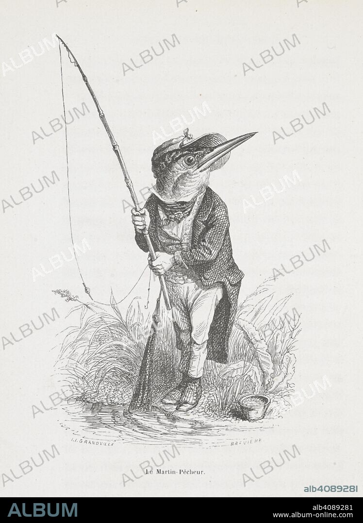 HONORÃ© DE BALZAC et GRANDVILLE. Le martin-pecheur. Anthropomorphic image of a Kingfisher. Peines de cÅ“ur d'une chatte anglaise.-Guide-aÌ‚ne aÌ€ l'usage des animaux qui veulent parvenir aux honneurs.-Voyage d'un lion d'Afrique aÌ€ Paris.-Les Amours de deux beÌ‚tes. In: Stahl (P. J.) pseud. SceÌ€nes de la vie priveÌe des animaux ... EÌtudes de mÅ“urs contemporaines publieÌes sous la direction de M. P. J. Stahl, avec la collaboration de Messieurs de Balzac, L. Baude, etc. 1842. 1842. Source: 1457.k.1. plate opposite page 111.