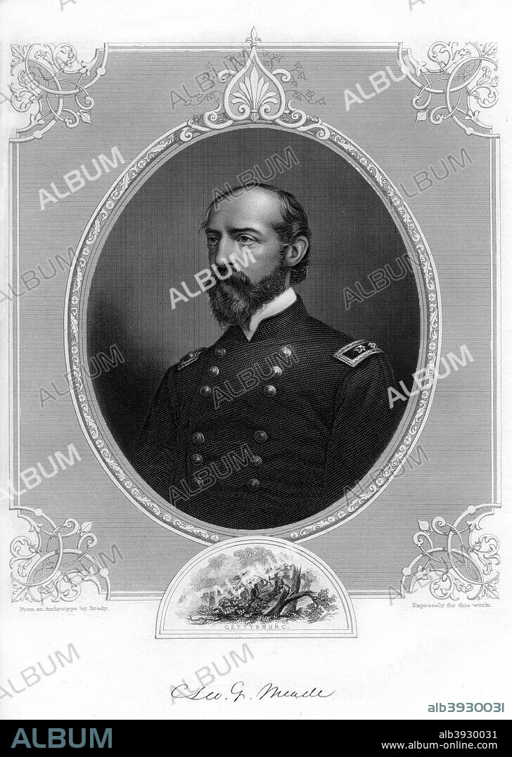General George Meade, US Army officer and civil engineer, 1862-1867. In the American Civil War, Meade (1815-1872) fought for the Union states at Bull Run and Antietam, after which he was promoted to major-general of volunteers. He led troops at Fredericksburg and at Chancellorville, and in 1863 was given command of the Army of the Potomac. He defeated General Robert E Lee at Gettysburg, but was criticised for failing to press home his advantage. An engraving from volume III of The War with the South : a History of the Late Rebellion, by Robert Tomes, Benjamin G Smith, New York, Virtue & Yorston, 3 Volumes, 1862-1867.
