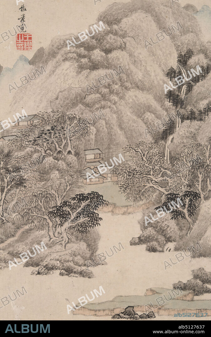 Artist: Wang Jian, Chinese, 15981677, Landscape in the Style of Various Old Masters: Landscape after Fan Kuan (9901030), Album leaf, ink and color on paper, without mounting: 8 1/2 × 5 3/4 in. (21.6 × 14.6 cm), China, Chinese, Qing dynasty (16441911), Paintings.