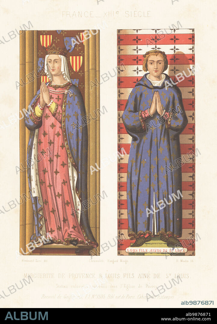 Margaret of Provence, queen to King Louis IX of France, 1221-1295, and Louis of France, their eldest son, 1244-1260. From painted statues formerly at l'Eglise de Poissy. Marguerite de Provence et Louis Fils aine de St. Louis. France, XIIIe Siecle. Chromolithograph by H. Moulin after Ferdinand Sere from Charles Louandres Les Arts Somptuaires, The Sumptuary Arts, Hangard-Mauge, Paris, 1858.