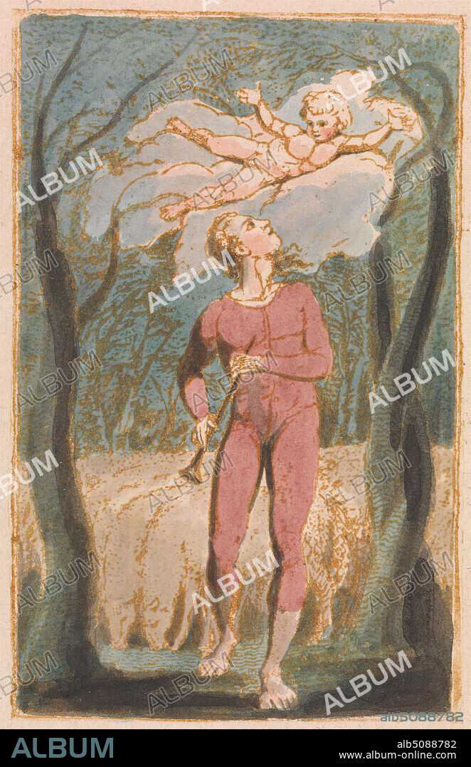 Songs of Innocence, Plate 1, Frontispiece (Bentley 2), Print made by William Blake, 17571827, British, 1789, Relief etching printed in brown with pen and black ink and watercolor on moderately thick, slightly textured, cream wove paper, Sheet: 7 1/2 x 5 3/8 inches (19.1 x 13.7 cm) and Plate: 4 3/8 x 2 3/4 inches (11.1 x 7 cm), angel, boy, children, flute, Horn (Musical instrument), literary theme, man, pipe, pipes, religious and mythological subject, sheep, shepherd, trees, trumpet, vines.