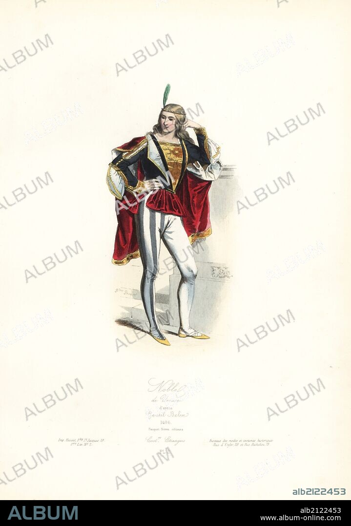 Nobleman of Venice, after Gentil Belin, 1496. Handcoloured steel engraving by Polydor Pauquet from the Pauquet Brothers' "Modes et Costumes Etrangers Anciens et Modernes" (Foreign Fashions and Costumes Ancient and Modern), Paris, 1865. Hippolyte (b. 1797) and Polydor Pauquet (b. 1799) ran a successful publishing house in Paris in the 19th century, specializing in illustrated books on costume, birds, butterflies, anatomy and natural history.