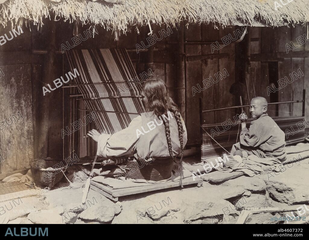 India, Two weavers, a woman and a child, at work on outdoor looms near Darjeeling. No. 24. CLOTH WEAVERTH. PAAR DARJEELINGOriginal manuscript caption: Cloth Weaver, circa 1900. 2003/071/1/1/3/34.