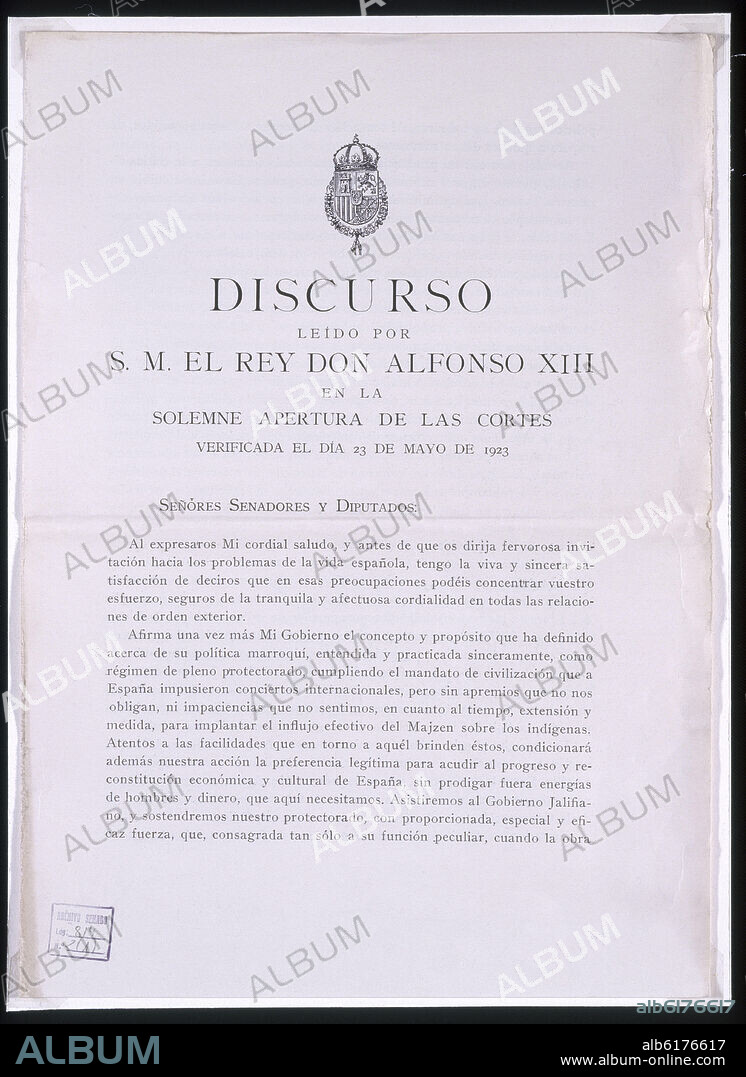 DISCURSO DEL REY ALFONSO XIII EN LA SOLEMNE APERTURA DE LAS CORTES EL 23 DE MAYO DE 1923 - SESION REGIA - ULTIMA DE ALFONSO XIII.
