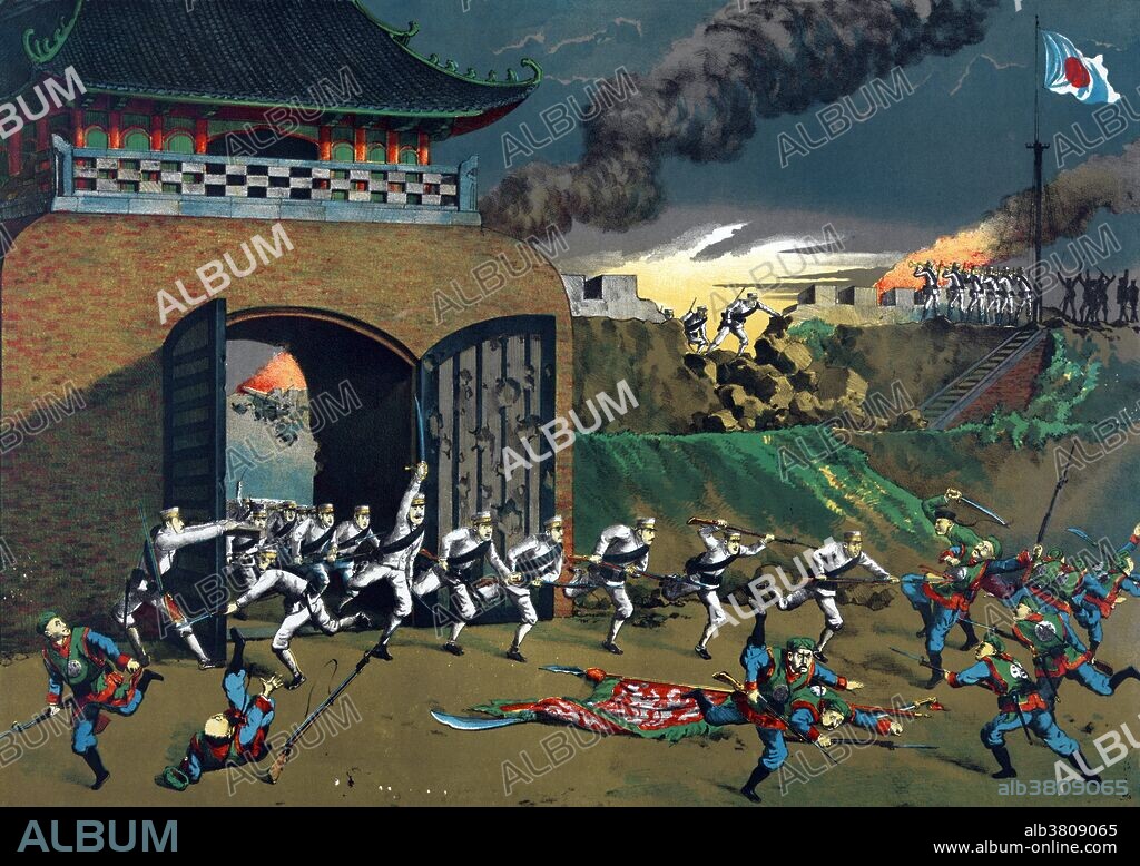 Entitled: "General offensive of the allied armies against Tien-chin, Company 8, Regiment II Infantry crashing into Tien-chin through the south inside gate." Shows Japanese troops bursting through a gate and engaging the Boxer forces at Tianjin, China. The Battle of Tientsin occurred on July 13-14, 1900 during the Boxer Rebellion in Northern China. A multinational military force, representing the Eight-Nation Alliance, rescued a besieged population of foreign nationals in the city of Tientsin (Tianjin) by defeating the Chinese Imperial army and Boxers. The capture of Tientsin gave the Eight-Nation Alliance a base to launch a rescue mission for the foreign nationals besieged in the Legation Quarter of Peking. The Boxer Rebellion was lead by a Chinese secret organization called the Society of the Righteous and Harmonious Fists against the spread of Western and Japanese influence there. After several months of growing violence against the foreign and Christian presence in Shandong and the North China plain, in June 1900 Boxer fighters, convinced they were invulnerable to foreign weapons, converged on Peking (Beijing), China's capital, until an international force that included American troops subdued the uprising. Chromolithgraph, artist Torajiro Kasai, July 1900.