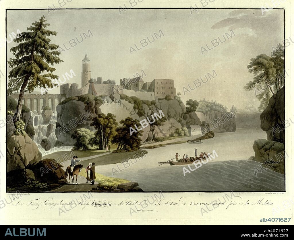 A man on horseback talks to two people on a road by the Otava River in the foreground on the left, with a barge loaded with barrels on the right and ZvÃ­kov Castle, a waterfall and a bridge in the background . Collection de Vues les plus intÃ©ressantes et pittoresques de la BohÃ©me. Wien : bey Artaria, [between 1800 and 1810]. Source: Maps 7.TAB.38, plate 11. Language: German and French.