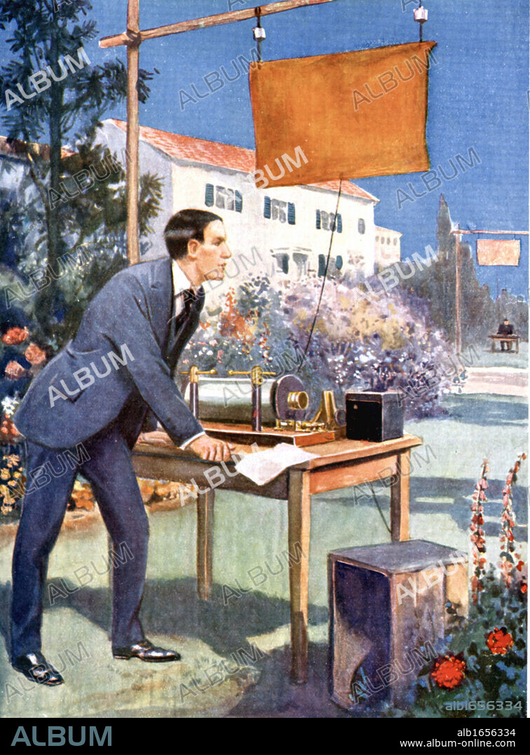 Guglielmo Marconi (1874-1937) Italian physicist and inventor and radio pioneer. Artist's impression of  Marconi as a young man experimenting in his father's garden at Bologna. Halftone.