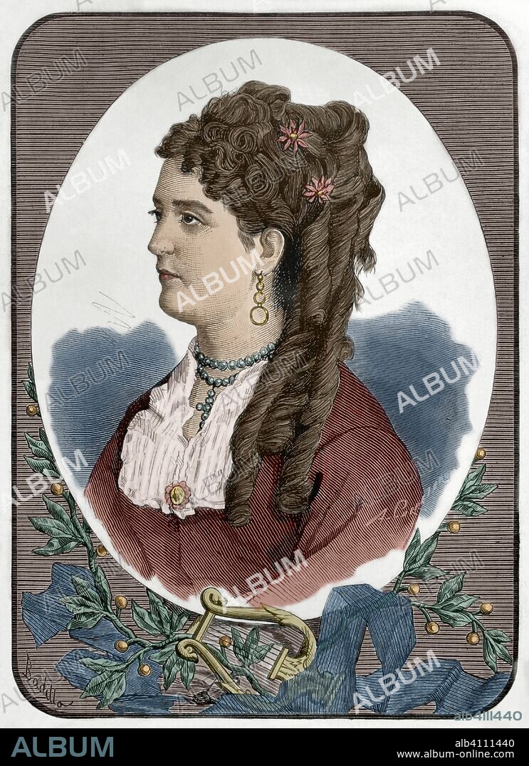 Concepción de Estevarena (Rafaela María de la Concepción de la Trinidad Estevarena Gallardo) (Sevilla, 1854-Jaca, 1876). Poetisa romántica española. Murió a los 22 años a causa de tuberculosis. Retrato. Dibujo por Badillo. Grabado por Arturo Carretero. La Ilustración Española y Americna, 15 de diciembre de 1876. Coloreado.