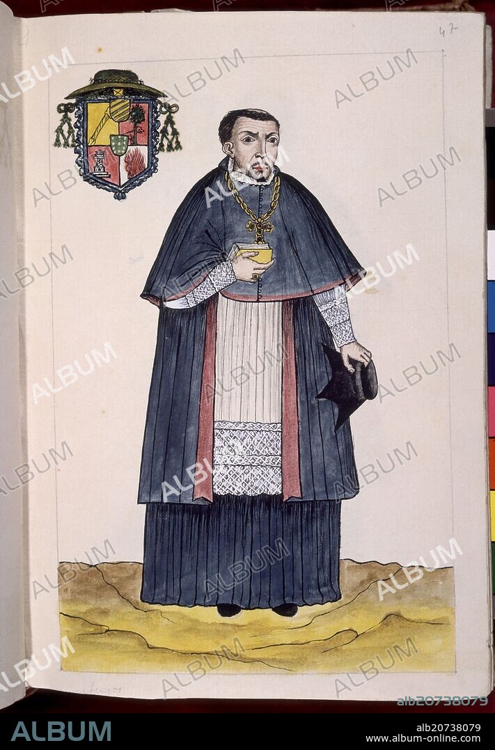 BALTASAR JAIME MARTÍNEZ COMPAÑÓN. CODICE TRUJILLO DEL PERU - TOMO I - OBISPO COLONIAL - ACUARELA - SIGLO XVIII.