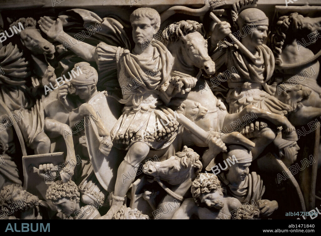 Great Ludovisi Sarcophagus. Roman. 250 AD. Detail of the relief depicting the battle between Romans and Goths. The central figure has been identified with Hostilian, son of emperor Decius. Proconnesian marble. Altemps Palace. Rome, Italy.