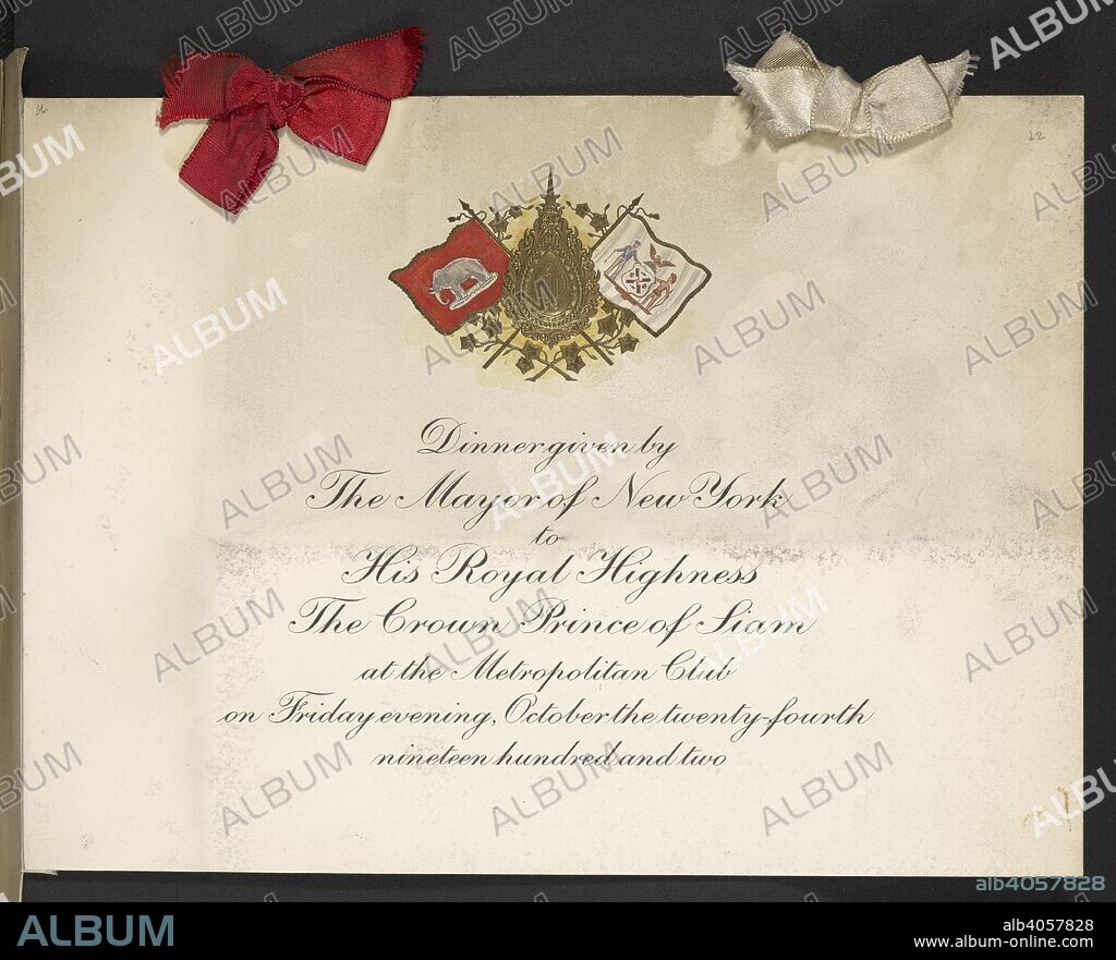 Cover. 'Dinner given by the Mayor of New York to his Royal Highness the Crown Prince of Siam at the Metropolitan Club ... (October 24, 1902). [A collection of menu cards of dinners and reports of celebrations in the United States of America in the years 1890-1904, formed by Miss F. E. Buttolph. Bound in three volumes.]. [1890-1904.]. Source: C.120.f.2 Volume 4 folio 22 (cover). Language: English.