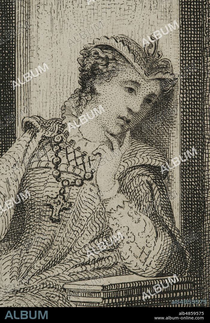 JOAQUÍN FURNÓ I ABAD (1832-1918). SPANISH ENGRAVER.. Mary Stuart. Mary I of Scotland (1542-1587). Queen of Scotland (1542-1567). After her marriage with Francis II of France, occupied the throne of France (1559). In February 1587, Queen Elizabeth I of England ordered Mary Stuart to be beheaded, dying as a Catholic martyr. Detail of the Queen's face from an engraving by J. Furnó, in which she is depicted contemplating David Rizzio (1533-1566), her private secretary, while he played the guitar for her. Historia de las persecuciones políticas y religiosas en Europa (History of political and religious persecutions in Europe). Volume IV. Published in Barcelona, 1865.