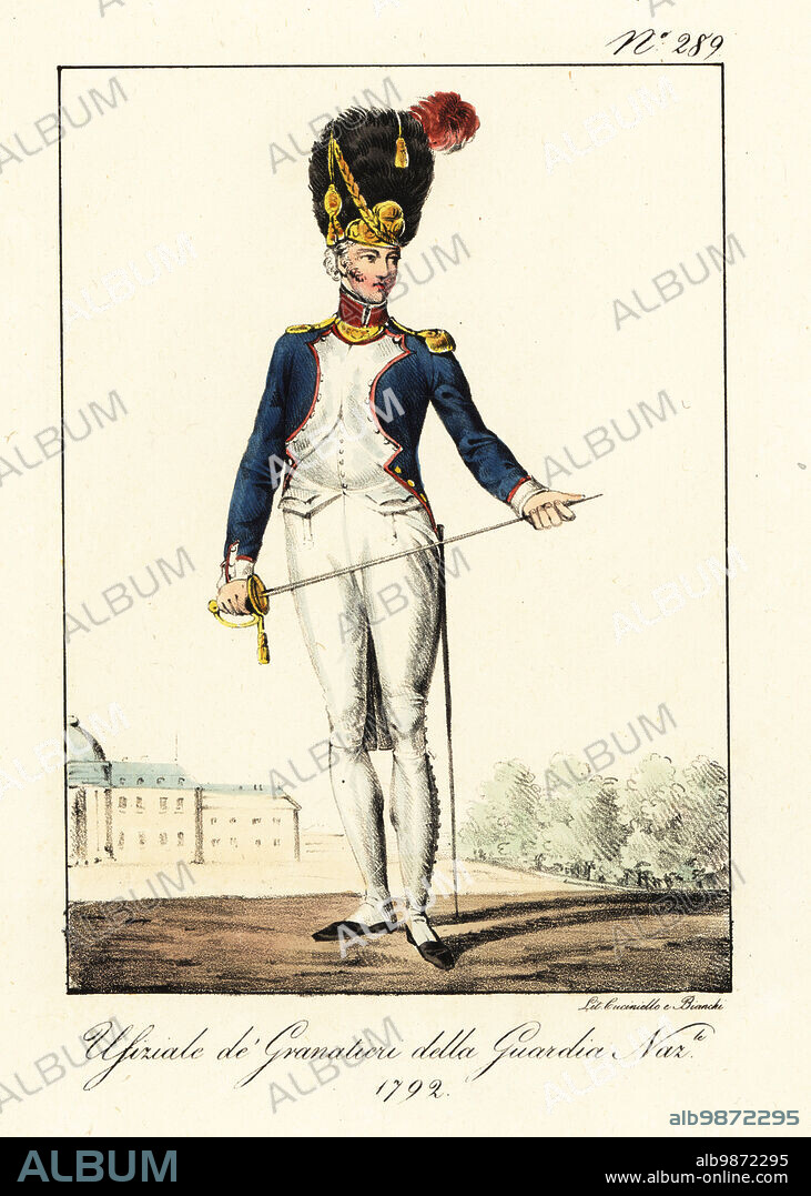 Uniform of an officer in the Grenadiers of the National Guard, 1792. In plumed bearskin helmet, blue jacket with gold epaulettes and gorgette, white breeches, gaiters, gold-hilt sword. The regiment was founded during the French Revolution in 1789. Officier de Grenadiers de la Garde Nationale. Handcoloured lithograph by Lorenzo Bianchi and Domenico Cuciniello after Hippolyte Lecomte from Costumi civili e militari della monarchia francese dal 1200 al 1820, Naples, 1825. Italian edition of Lecomtes Civilian and military costumes of the French monarchy from 1200 to 1820.