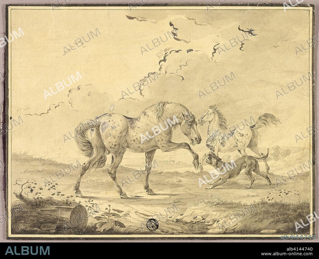 Two Horses Fighting Dog. Johann Georg Pforr; German, 1745-1798. Date: 1765-1798. Dimensions: 187 × 245 mm. Pen and gray ink, with brush and gray and brown  wash, heightened with lead white (discolored), on  cream laid paper. Origin: Germany.