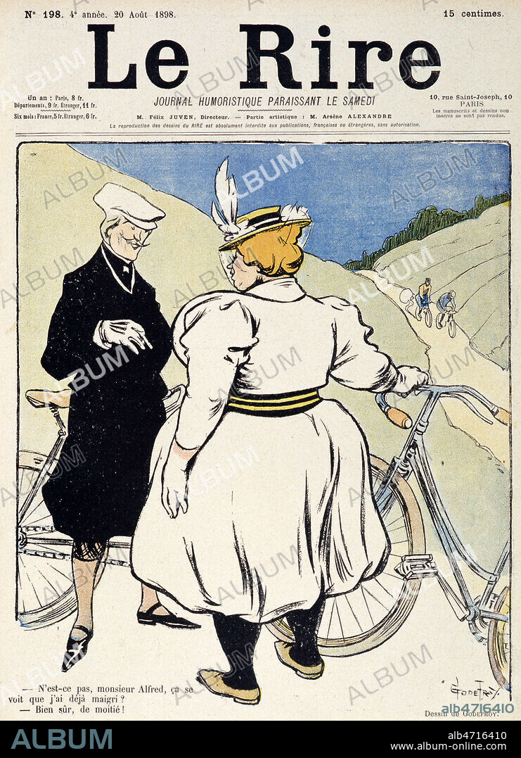 'N'est ce pas, monsieur Alfred, ca se voit que j'ai deja maigri ? Bien sur, de moitie !'. Couverture du Rire illustree par GODEFROY (1854-1908) en 1898. Credit : Collection KHARBINE-TAPABOR.