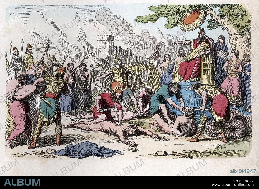 Historia Antigua. Asiria. Tortura y ejecución de prisioneros. Grabado alemán de 1862.