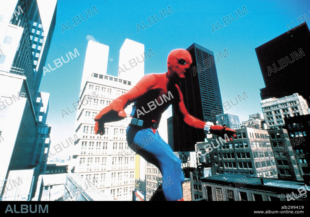 NICHOLAS HAMMOND and SPIDER-MAN. NICHOLAS HAMMOND in SPIDERMAN, 1977, directed by E. W. SWACKHMAMER. Copyright COLUMBIA PICTURES.