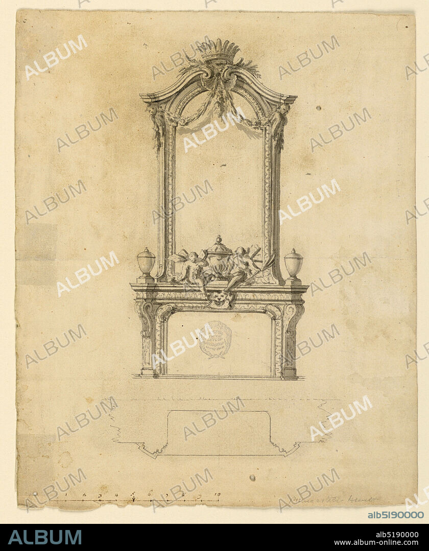Project for a Mantelpiece, Charcoal, pen and ink, brush and watercolor on paper, Design for mantelpiece with mirror. At top, a broken pediment with crown, shell and swags. Sitting on mantel, two figures and three cases. Plan below., Europe, ca. 1730, interiors, Drawing, Drawing.