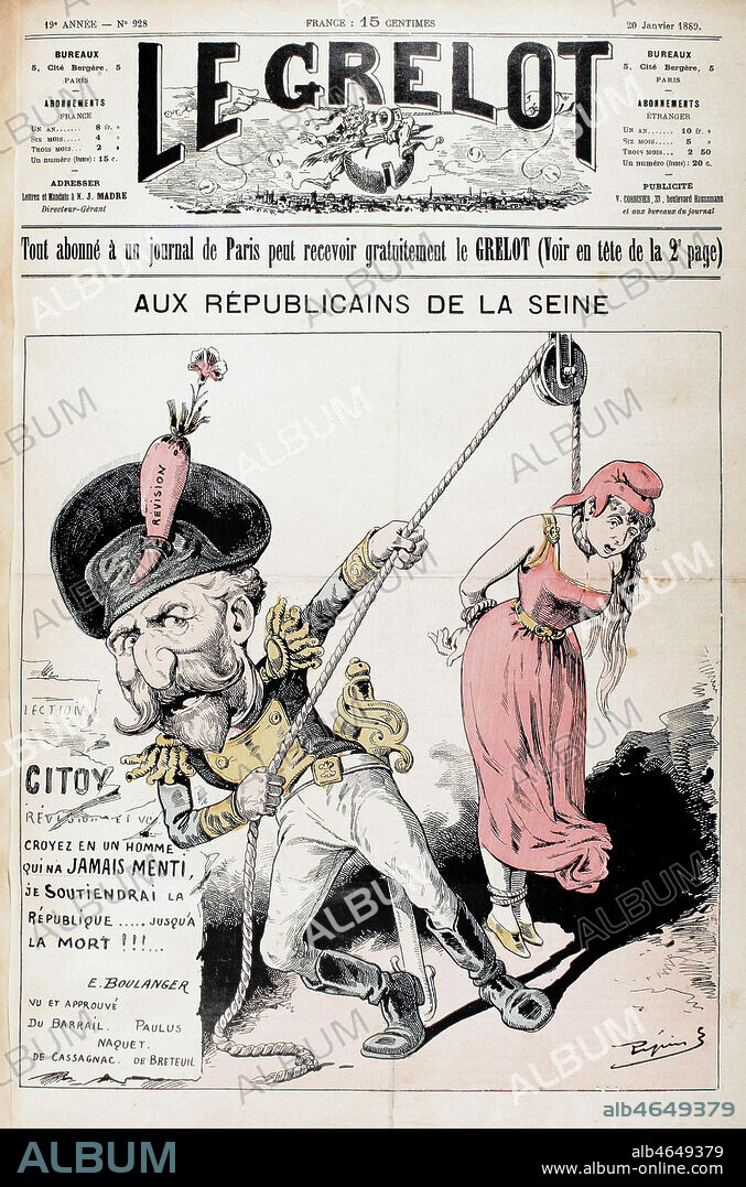 Caricature de Pepin sur le general BOULANGER (1837-1891): 'Aux republicains de la Seine', (Le general Boulanger pend la Republique;le texte de l'affiche electorale dit: 'je soutiendrai la Republique... jusqu'a la mort') in Le Grelot du 20/01/1889. Credit: Coll. Dixmier/Kharbine-Tapabor.