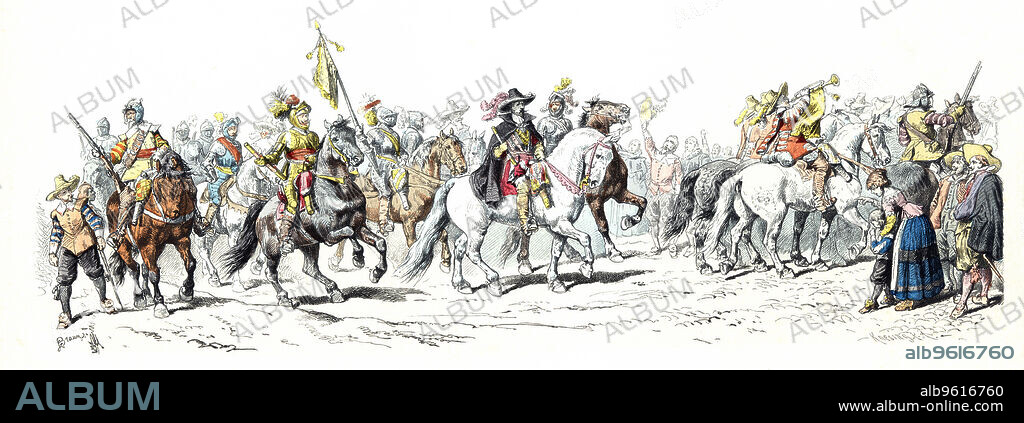 Thirty Years War. Entry of Albrecht Eusebius Wallenstein (1583-1634) in Nuremberg. Czech military of the German Empire. 17th century. German Engraving 1862.