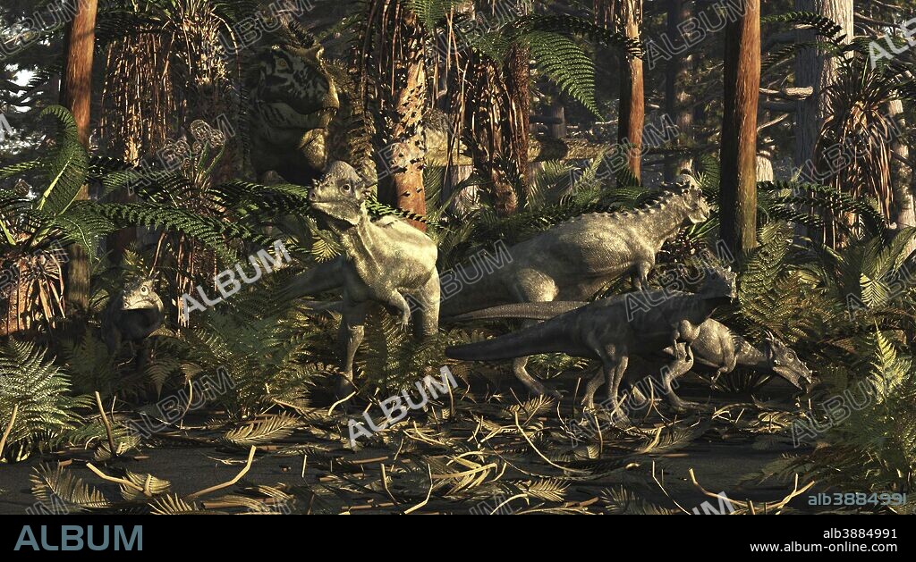An unsuspecting family of Pachycephalosaurus is being stalked by a T-Rex dinosaur.. . Better understanding of morph stages for certain dinosaurs has shown that what used to be Dracorex is actually a juvenile Pachycephalosaurus. Four growth stages have been identified and they illustrate the change in head bone from a young juvenile, juvenile, sub-adult to adult. The frills and horns or many ceratopsians undergo these transformations as well.