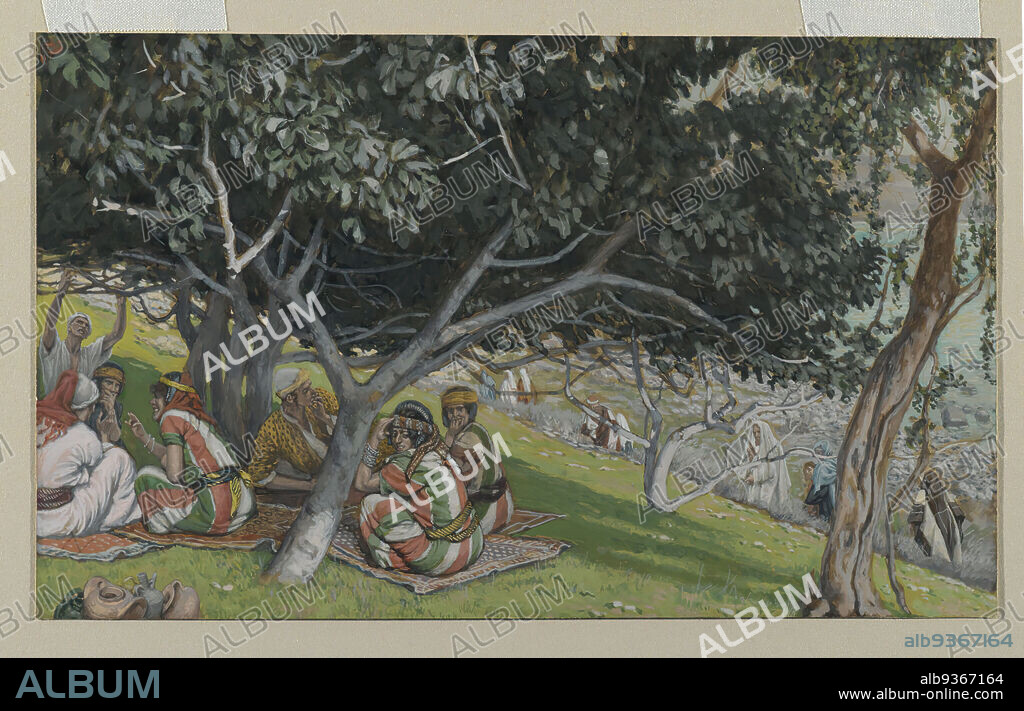 Nathaniel Under the Fig Tree, Nathanaël sous le figuier, The Life of Our Lord Jesus Christ, La Vie de Notre-Seigneur Jésus-Christ, James Tissot, French, 1836-1902, Opaque watercolor over graphite on gray wove paper, France, 1886-1894, Image: 6 5/16 x 10 7/16 in., 16 x 26.5 cm, Bartholomew, Bible, biblical, Catholicism, Christ, Christianity, French, God, Jesus, John 1:44-51, laborers, nathaniel, New Testament, picnic, Religion, Religious, stripes, Tissot, trees.