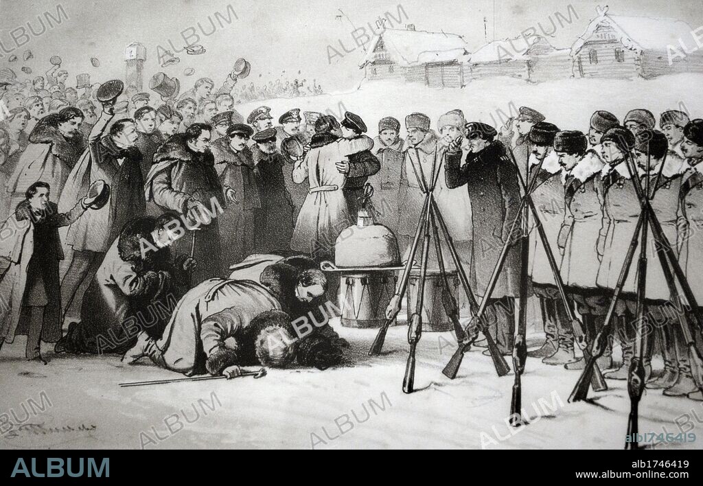 GUERRA DE CRIMEA (1853-1856). Conflicto bélico entre el Imperio Ruso y la alianza de Reino Unido, Francia, el Imperio Otomano y el Reino del Piamonte. Litografía del pintor ruso Vasili Fedorovich (George Wilhelm) Timm (1820-1895) con la representación de " La Ceremonia de bienvenida a los participantes de la defensa al asedio de la ciudad de Sebastopol, en Moscú, 1856". Museo de la Heroica defensa y liberación de Sebastopol. Sebastropol. Ucrania.