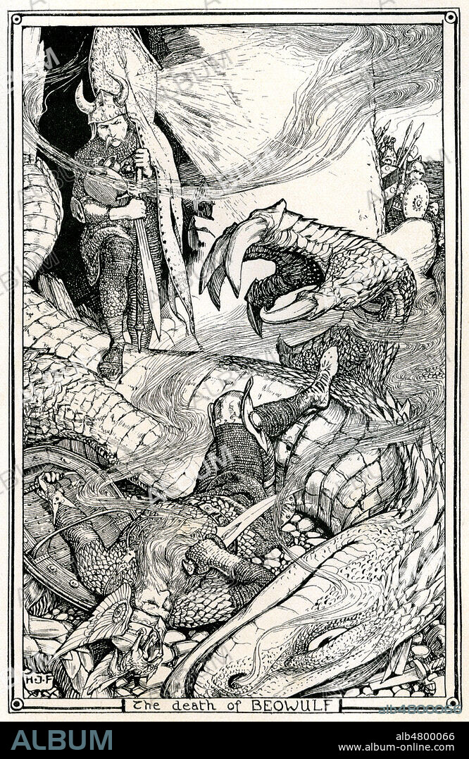 La mort de Beowulf et du dragon (Beowulf est un poème épique majeur de la littérature anglo-saxonne). Illustration de 1899 par Henry FORD (1860-1941) pour The red Book of Animal Stories par Andrew LANG (1844-1912). Credit : Collection Jonas/Kharbine-Tapabor.