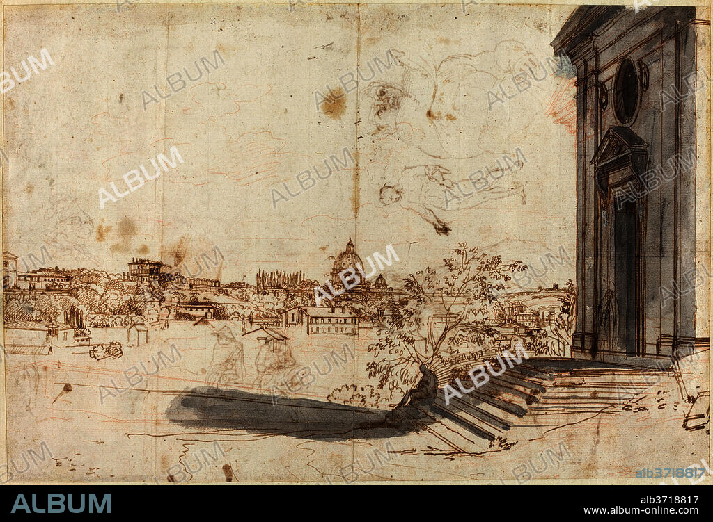 GASPAR VAN WITTEL. A View of Rome from Santa Maria del Priorato. Dated: c. 1710. Dimensions: overall: 25.9 x 38.4 cm (10 3/16 x 15 1/8 in.). Medium: pen and brown ink and gray wash with red chalk on laid paper.