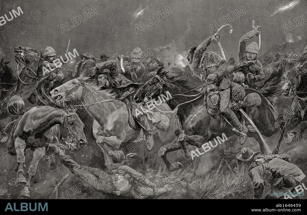 The night charge of the 19th Royal Hussars near Lydenberg, Mpumalanga, South Africa on November 7th 1900 during the second Boer War. From South Africa and the Transvaal War, by Louis Creswicke, published 1900.
