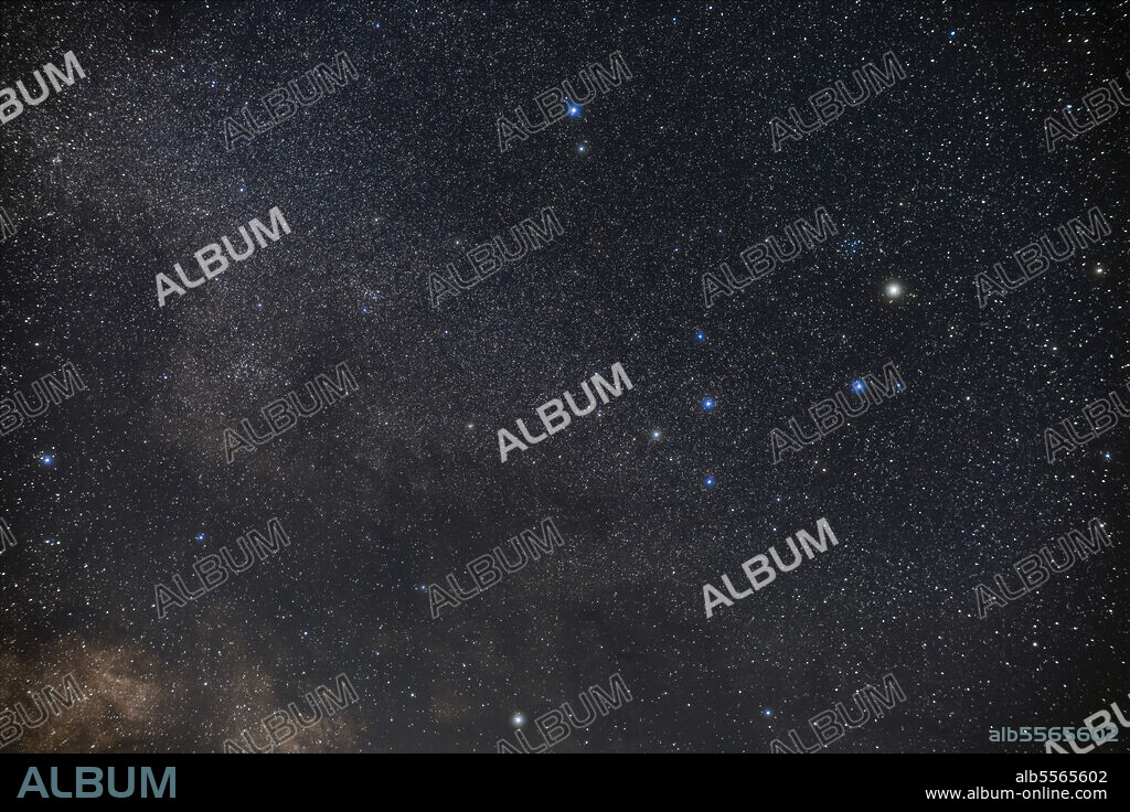 The trio of large open clusters ideal for binoculars grouped in Ophiuchus and Serpens, with IC 4756 at left in Serpens, NGC 6633 in Ophiuchus to the right of IC 4756, and IC 4665 at right of frame above the bright star Beta Ophiuchi, or Cebalrai, in Ophiuchus. The pair of NGC 6633 and IC 4756 are also known as the S-O Double Cluster, for their home in Serpens and Ophiuchus. Below Cebalrai is the large asterism known as Taurus Poniatowski or the Little Bull, a group that resembles the Hyades in Taurus.