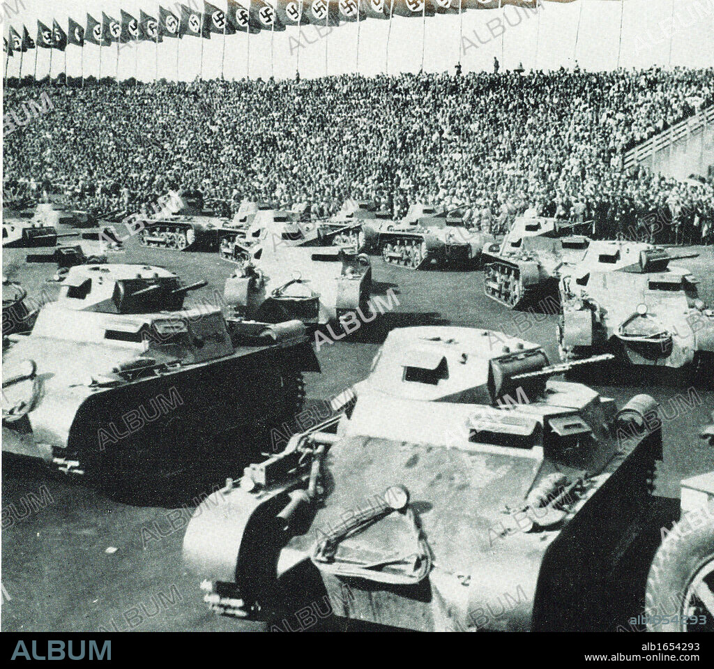 German militarisation during 1936. Parade of tanks at a Nazi rally.