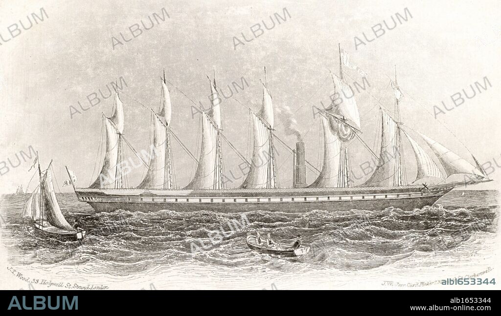 SS Great Britain  c1843.  Designed by Isambard Kingdom Brunel (1806-1859),  she was built for the transatlantic passenger trade.  In the event, she made most of her voyages on the Australian run.  Launched on 19 July 1843, she was the first ocean-going vessel with a screw propeller and an iron hull. This shows her in her original state with six masts.   (Photo by: Universal History Archive/UIG via Getty Images).